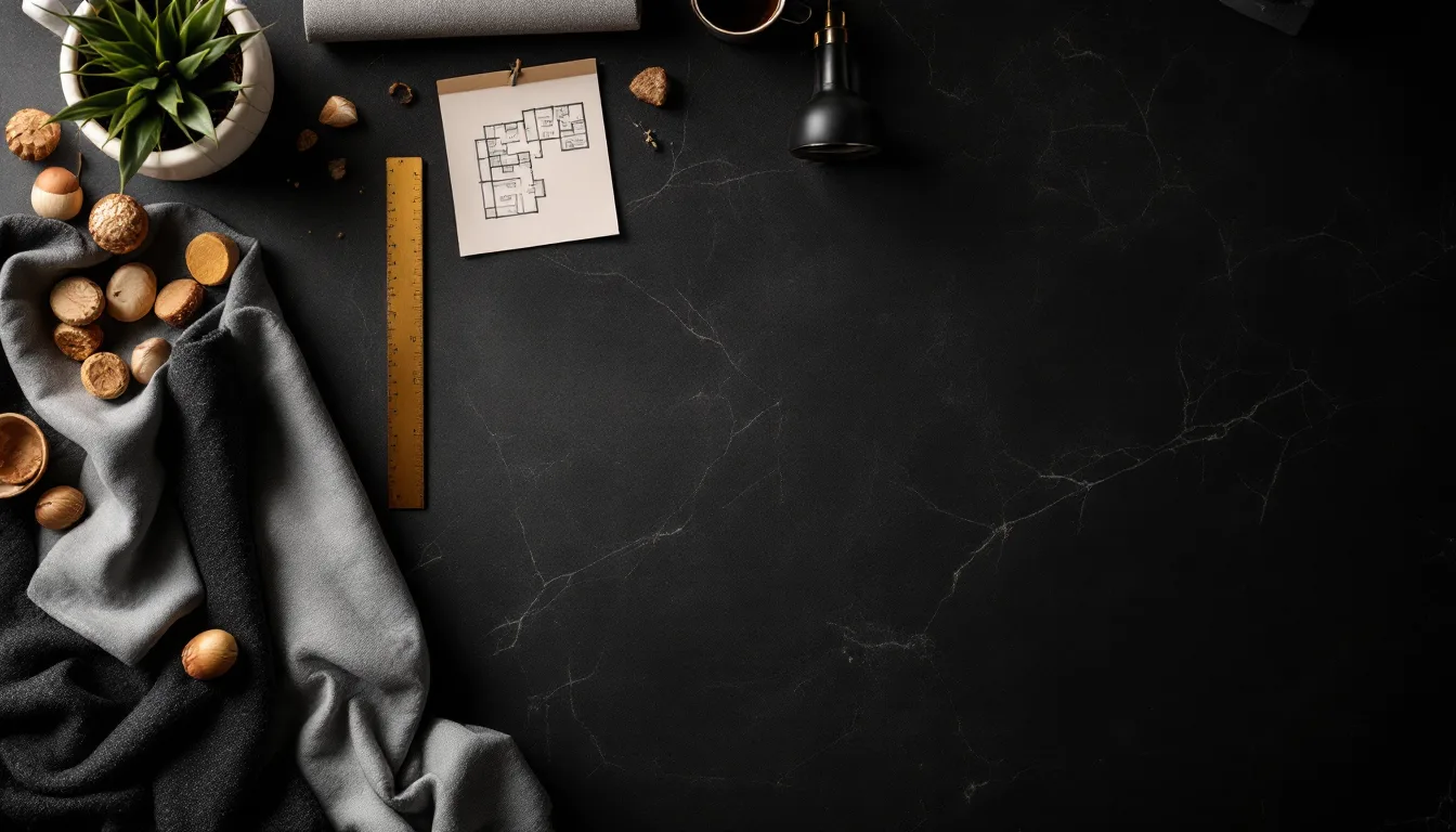 Overhead view of the Stone Society worktable with swatches, plans and samples